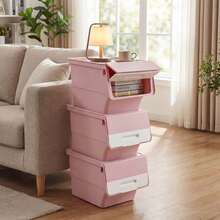 3 PCS Storage Bins On Wheels With Stay-Open Lid For Kitchen Bedroom Laundry Closet White + Gray/White + Natural/White + Pink - Pink - View 1