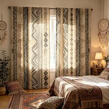 2PCS Bohemian Curtains, Pole Pocket Design, Privacy Protection, Including Vertical Stripes And Geometric Patterns, Suitable For Bedrooms/Living Rooms, Machine Washable, Suitable For All Seasons, Versatile Decorative Curtains - Multicolor - View 2