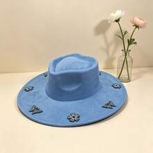Elegant  Felt Hat With Sparkly Rhinestone Butterfly  Flower Details For Daily  Vacation Outfits - Blue - View 6