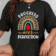 Cotton Progress Over Perfection School Tea Principal Leopard T-Shirt 's Wo's Soft Breathable Tee Classic Fashion Summer Tops - Negro - Ver 1