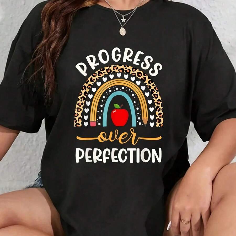Cotton Progress Over Perfection School Tea Principal Leopard T-Shirt 's Wo's Soft Breathable Tee Classic Fashion Summer Tops - Negro - Ver 1