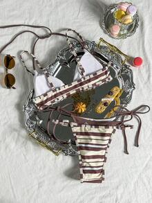 女款復古印花條紋比基尼泳衣，休閒時尚度假沙灘套裝 - 黃棕色 - 查看 4