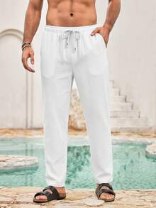 Mercer Haus Men's 100% Cotton Wrinkle Loose Fit Casual Long Pants, Fall , Suitable For Summer Tropical Holiday Vacation In Hawaii. - White - View 1