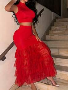 Conjunto de vestido de dos piezas para fiesta de moda, reunión festiva, con malla y apliques de volantes - [Rojo] - Ver 4