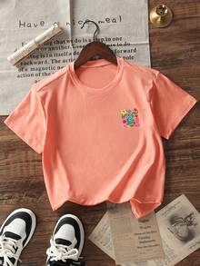 Soft And Breathable Round Neck Short Sleeve Casual T-Shirt For Little Girls, Suitable For Daily Wear And Vacation - Coral Orange - View 4
