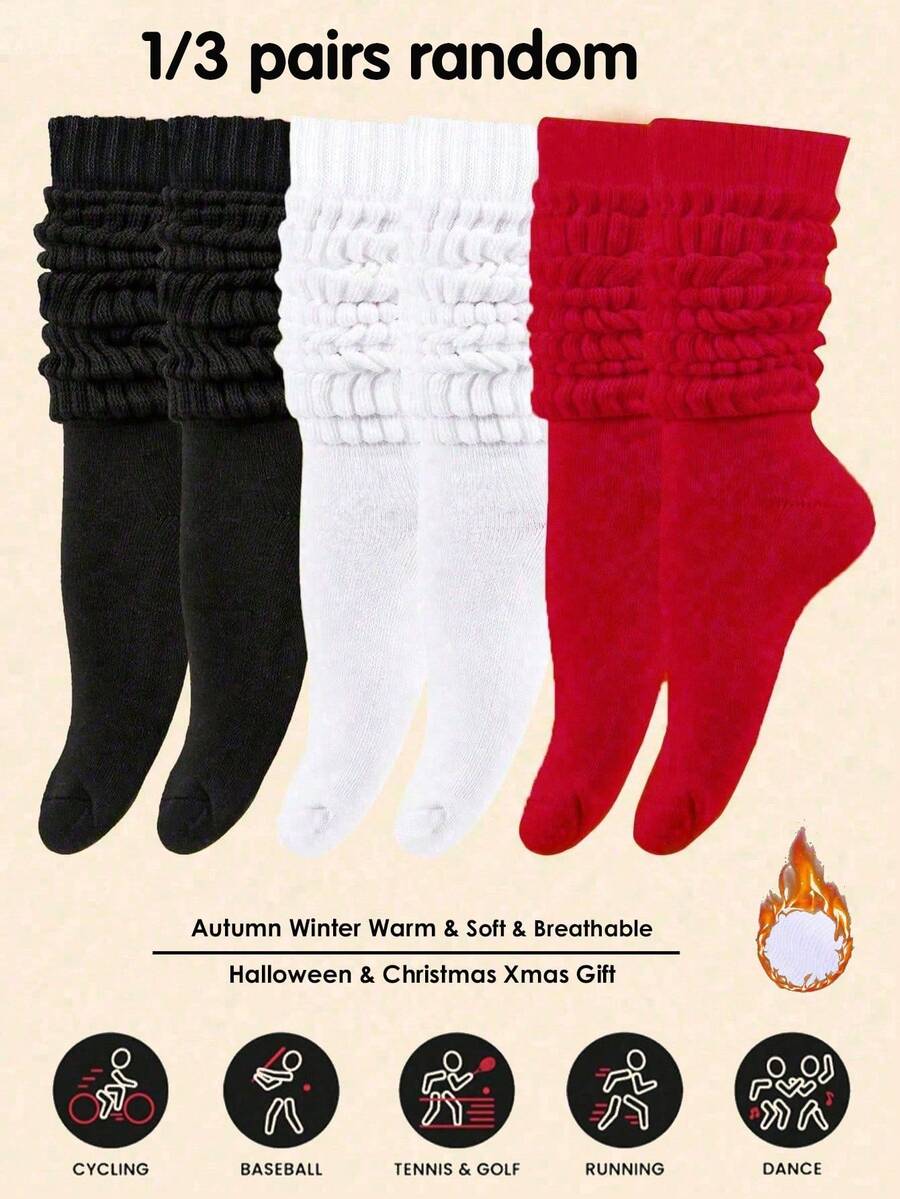 1/3 pares de calcetines de punto holgados de invierno para mujer, calcetines holgados, calcetines arrugados para mujer, calcetines con elástico para mujer, calcetines de tripulación para mujer en negro, blanco & rojo, calcetines suaves - Multicolor - Ver 1