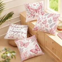 MEMNUN 4pcs Peach Grey Bohemian Butterfly Floral Heart Text Print Pattern Throw Pillow Covers [Pillow Insert Not Included] 45*45cm/50*50cm/40*40cm [Single-Sided Print] "Home Is Our Happy Place" Warm Slogan Pink Romantic Floral Cushion Covers Room Decor, Home Decor, Bedroom Decor, Room Decoration Stuff For Sofa, Bed, Living Room, Bedroom, Car, Office, Hotel Decoration Throw Pillow Covers All Seasons Suitable Perfect Gift For Family And Friends - Multicolor - View 6