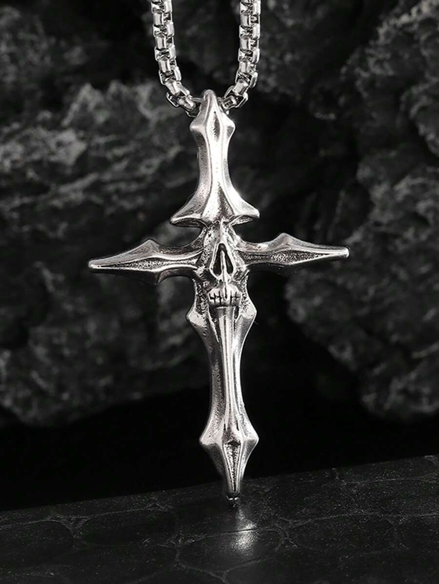 1pc Street Dark Vintage Niche Personalized Bone Cross Pendant Necklace Jewelry Accessory - Antique Silver - View 1