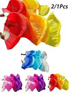 2/1pc Extra Long Flowing Silk Fan, Three-Color Gradient Design. This Double-Sided Silk Fan Is Perfect For Dance Performances, Holiday Parties, Sports Props, And Can Also Be Used As A Traditional Chinese Fan For Dance Activities. An Excellent Mother's Day Gift. - Multiple Styles - View 2