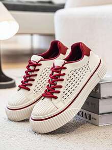 Men's Summer New Style Color-Block Mesh Thick Sole Sports Shoes, Breathable Woven Lace-Up Casual Sneakers, Thick Sole Skateboard Shoes, Versatile Daily Shoes, Breathable Lace-Up Casual Sports Shoes, Thick Sole Comfortable Shoes Suitable For Students And Daily Wear, White And Red Color-Block Thick Sole Mesh Sports Shoes, Retro Woven Lace-Up Casual Men's Shoes, Summer Breathable Versatile Fashion Sports Shoes - Mi Hong - View 2
