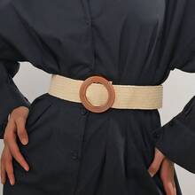 2入女款圓形扣波希米亞風PP草編腰帶，樹脂針扣波希米亞鏤空編織PP草編腰帶，適合休閒穿搭 - 彩色 - 查看 5