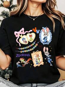 Disney Zootopia Characters Welcome To Zootopia Women's Round Neck Shirt Summer Tops Comfortable O-Neck T Shirt Fashion Casual Women Clothes - 黑色 - 查看 1