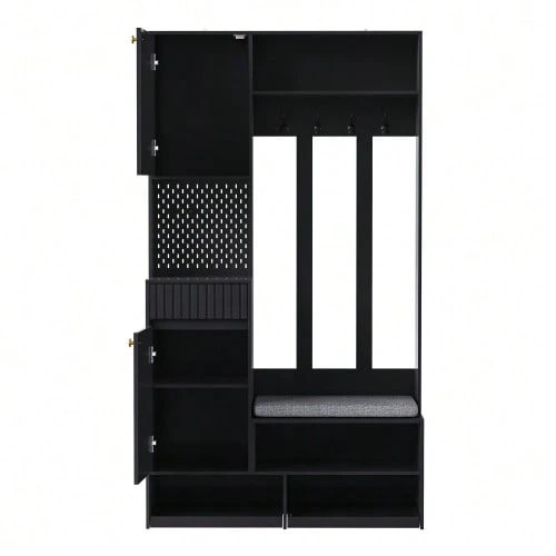Wardrobe Set, Complete Hallway Wardrobe Set With Bench, 4 Hooks, Doors & Drawers, Compact Dimensions 100*180*35 Cm (W*H*D) - Black - View 1