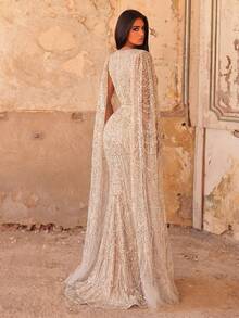 Elegant Beaded V-Neck Mermaid Maxi Dress With Floor Length Sleeves - Luxury Formal Gown For Autumn/Winter, Wedding, And Formal Events Party Fall - Champagne - View 2