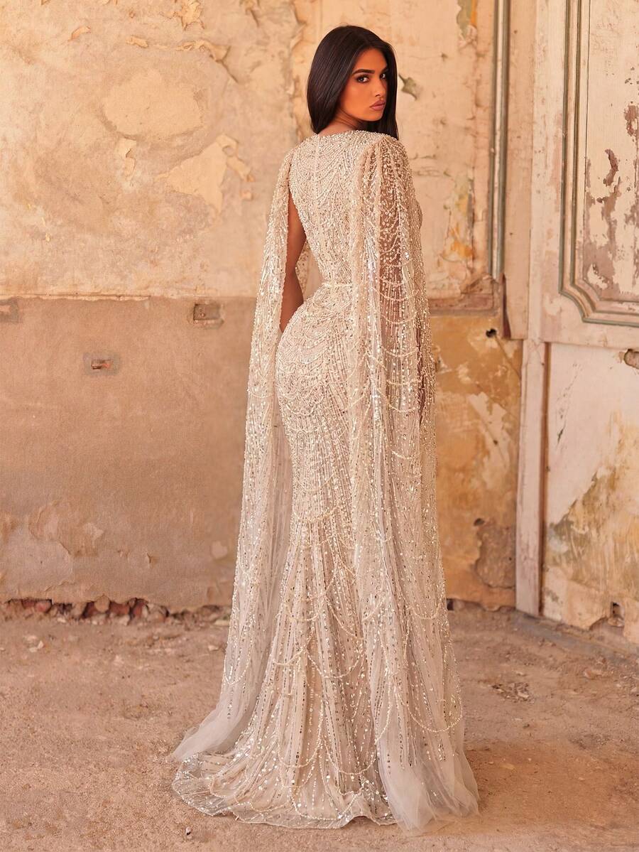 Elegant Beaded V-Neck Mermaid Maxi Dress With Floor Length Sleeves - Luxury Formal Gown For Autumn/Winter, Wedding, And Formal Events Party Fall