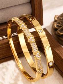 2/1pc Exquisite Fashion Stainless Steel Bracelet Copper Bracelet, Daily Wear Set For Work, Dating And Parties, Great Gift For Loved Ones - Gold - View 1