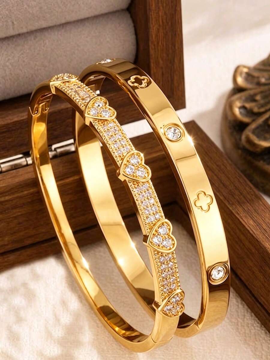 2/1pc Exquisite Fashion Stainless Steel Bracelet Copper Bracelet, Daily Wear Set For Work, Dating And Parties, Great Gift For Loved Ones - Gold - View 1