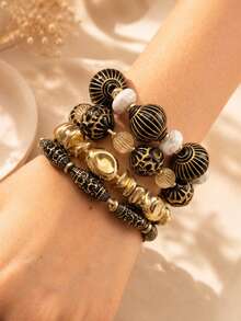 4pcs Vintage Unique Exquisite Elegant Inscription Beaded Bracelet Set For Women, Daily Wear, Holiday Party Jewelry - Multicolor - View 1
