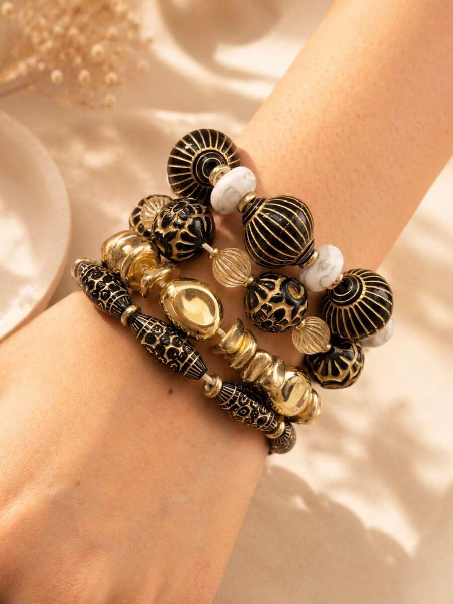 4pcs Vintage Unique Exquisite Elegant Inscription Beaded Bracelet Set For Women, Daily Wear, Holiday Party Jewelry - Multicolor - View 1