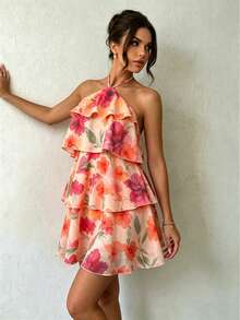 Vestido elegante de verano con estampado floral, cuello halter y volantes en el bajo para mujer - Naranja Coral - Ver 4
