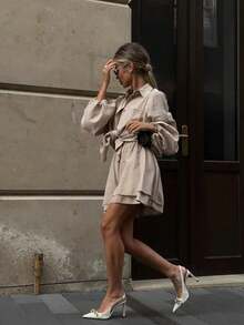 Conjunto mujer manga larga con volantes y pantalones cortos casual - Caqui - Ver 4