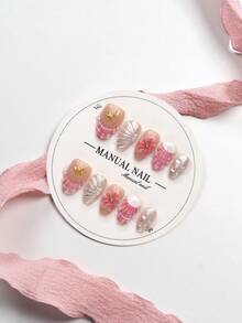JUTI 10pcs 100% Handmade Short Almond Shape Glossy Press-On Nails, Nude Base With Pink Plaid Shell Pattern, Silver Cat Eye Shell Texture, Decorated With 3D Pink Flowers, Pearls And Gold Star Charms, Fresh Summer False Nails - Multicolor - View 2