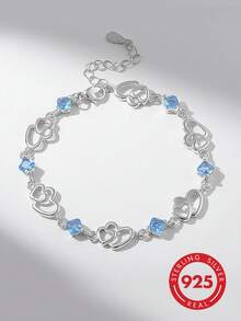 1件简约时尚925银镶嵌立方氧化锆心形几何手链，适合女性佩戴，是度假、派对和音乐节的理想之选。 - 銀色 - 查看 6