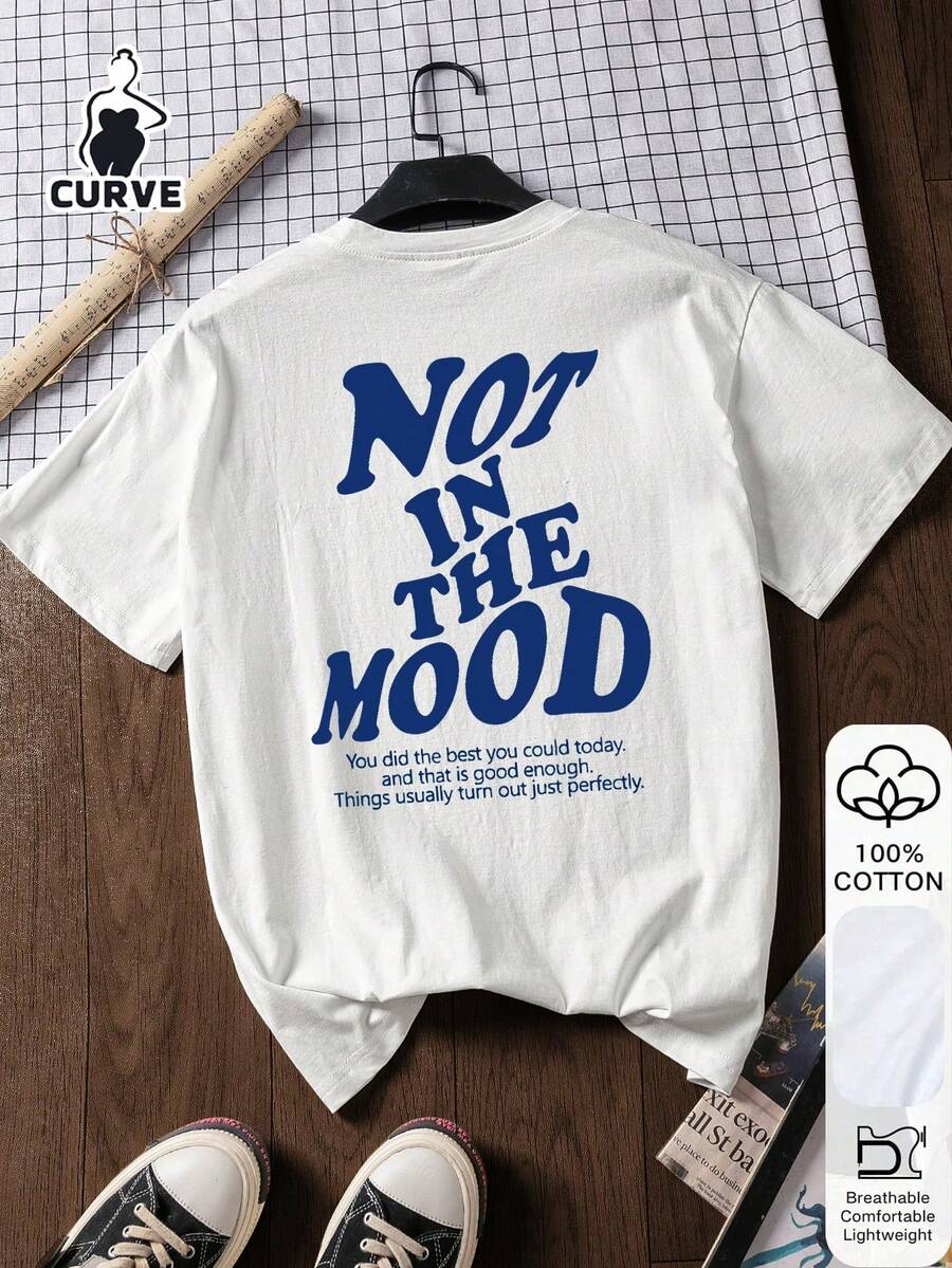 Women's Plus-Size Short-Sleeved T-Shirt, 100% Cotton, With "NOT IN THE MOOD" Print. Soft Fabric, Casual Style, White, Ideal For Summer Wear. - 白色 - 查看 1
