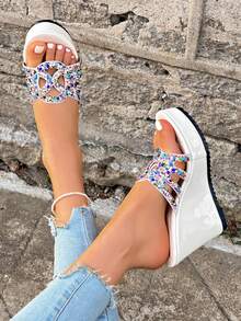 Women's Open Toe Platform Sandals, Colorful Rhinestone Hollow Out Wedge, Wedge Heel Height Increase, Versatile, Wedge, Red, Beach - White - View 3