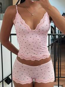 Conjunto de Pijama de Dos Piezas para Mujer, Ropa de Dormir de Verano, Camisola sin Mangas con Encaje Floral Rosa y Pantalones Cortos Ajustados - Rosa - Ver 1