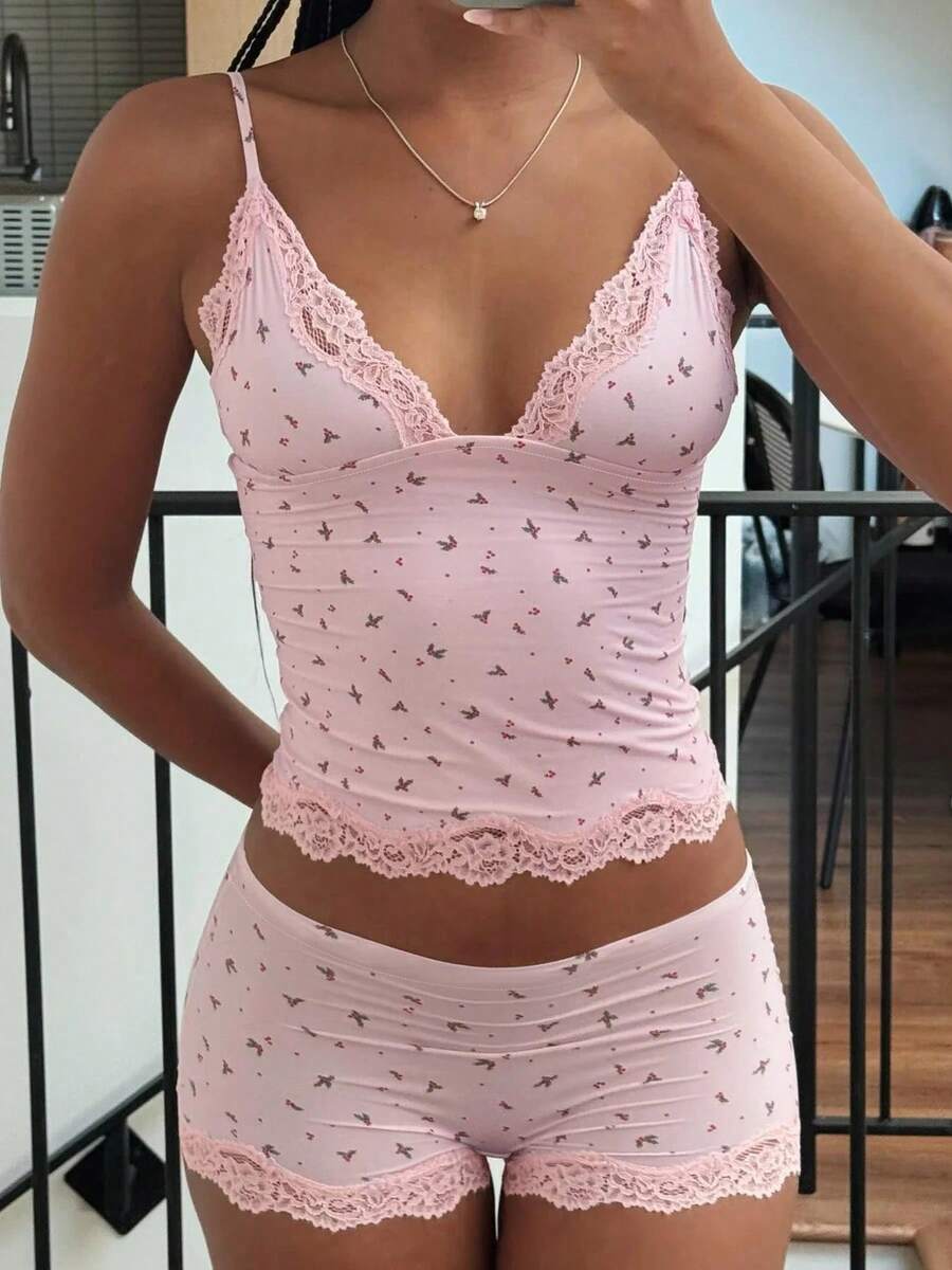 Conjunto de Pijama de Dos Piezas para Mujer, Ropa de Dormir de Verano, Camisola sin Mangas con Encaje Floral Rosa y Pantalones Cortos Ajustados - Rosa - Ver 1