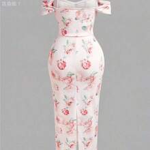 jianchaimaoyi02  MOD Vestido ajustado con estampado floral rosa fuera del hombro para mujer de talla grande, vestido de corset, vestido formal floral, - Multicolor - Ver 3