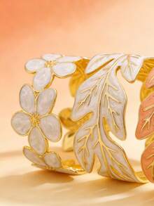 VceTd 2PCS Gentle Elegant Style Stainless Steel Women's Bracelet Decorated With Enamel Craft Plumeria And Maple Leaf Design, Suitable For Women To Wear At Weddings, Banquets, Vacations Or Shopping - Yellow Gold - View 5