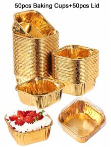 50/25 piezas Moldes para pasteles dorados con tapas, tazas de papel cuadradas con borde enrollado y revestimiento a prueba de aceite, moldes de aluminio desechables resistentes al calor, forros de papel brillante, adecuados para hornear en la cocina, catering, bodas y fiestas de cumpleaños, Navidad, muffins, postres - Dorado - Ver 11