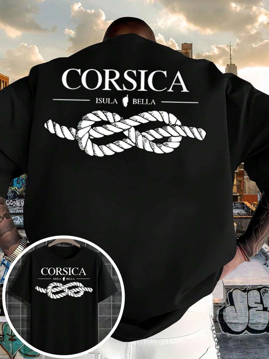 New 2026 Men's T-Shirt, Solid Color And Simple Design, With Regular Shoulder Design, And A Knot Pattern Printed On The Front And Back That Says CORSICA And ISULA - 黑色 - 查看 1