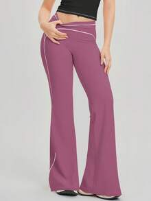 NcmRyu Women's 1pc Contrast White Stripe Butt-Lifting Slim Flare Pants - Purple - View 9