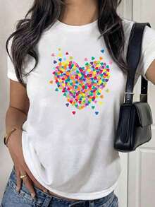 Ultra Comfort Luxe Fabric Women's TeeNueva camiseta de cuello redondo para mujer, manga corta, holgada, casual y versátil con ‌estampado de corazones‌, tejido suave y de buena caída - Blanco - Ver 1
