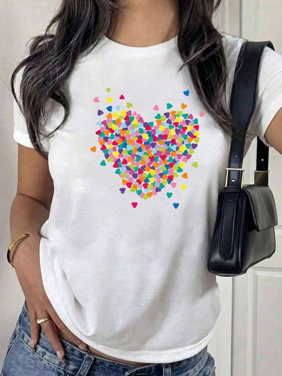 Ultra Comfort Luxe Fabric Women's TeeNueva camiseta de cuello redondo para mujer, manga corta, holgada, casual y versátil con estampado de corazones, tejido suave y de buena caída - Blanco - Ver 1