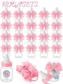 12/6/1 Set - 3.5 Inch Mini Pink Cute Bow Baby Bottle Style Plastic Box, Suitable For Baby Shower Party Decoration, With Pink Footprint Thank You Sticker And Pink Bow Plastic Bottle Style Storage Box Gift Box, Baby Shower Gift, Suitable For Baby Boy And Girl Baby Shower Party Centerpiece Decoration, Gender Reveal Party Tabletop Decoration Small Gift, Return Gift For Guests (Pink) - Pink - View 6