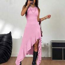 Yunuo Menswear Vestido sin mangas con volantes y bajo asimétrico de unicolor para mujer - Rosa - Ver 1