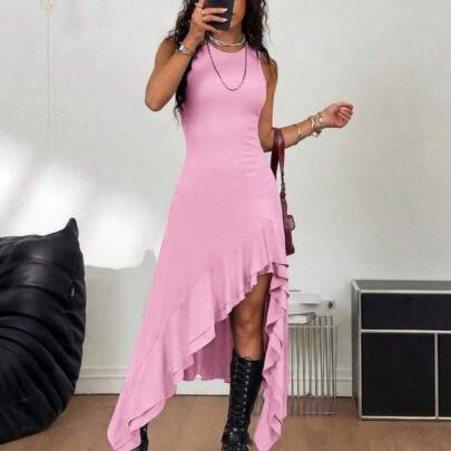 Yunuo Menswear Vestido sin mangas con volantes y bajo asimétrico de unicolor para mujer - Rosa - Ver 1
