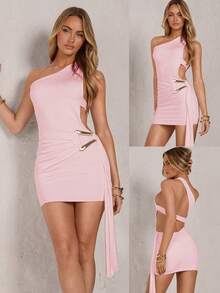 MSSHEIN Glamour Vestido mini blanco con hombros descubiertos, espalda descubierta y asimetría sin mangas, vestido de elegancia elevada, atuendo de rav - Rosa Pálido - Ver 1