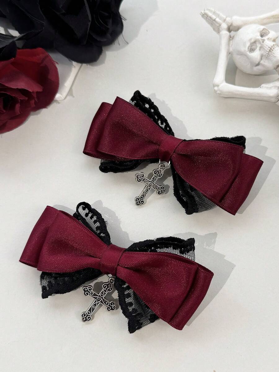 2件裝深色哥德風女用髮飾髮夾,適合節日裝扮與哥德愛好者日常配戴,抓夾 - 酒紅色# - 查看 1