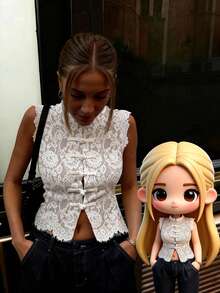 Women's New Chinese Style Frog Button Lace Vest, Stand Collar Sleeveless Crop Top, Modified Cheongsam Style Tank Summer - White - View 6