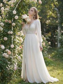 YOUKEFEIER 女款V領蕾絲拼接優雅開衩白色婚紗，適合婚禮、宴會、派對，波希米亞風 - 米色 - 查看 4