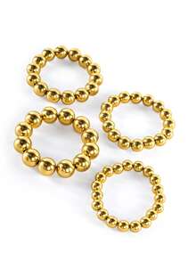 Rollcall 4pcs Elegant Vintage Geometric Round Beaded Elastic Minimalist Wide Cuff Bracelet Set, Fashion Accessory For Holiday, Party, Gift, Daily Wear - Yellow Gold - View 3