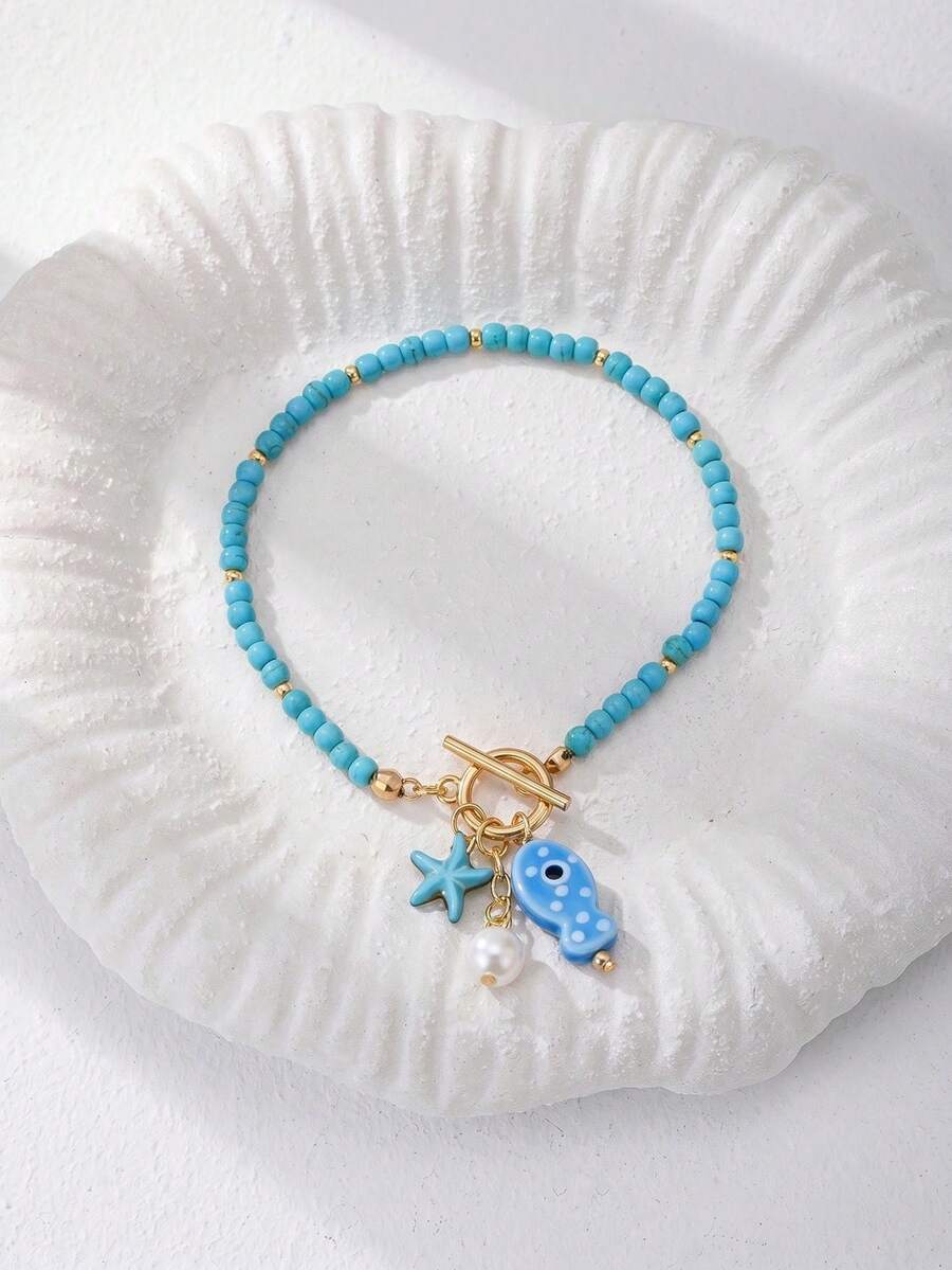 1件女款海星珍珠沙丁魚串珠多吊墜手鍊,夏季度假海灘飾品,女性禮物 - 藍色 - 查看 1