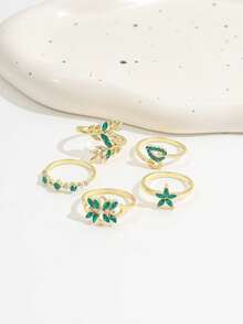 5PCS Vintage Emerald Gemstone Rhinestone Inlaid Rings, Gold Flower & Leaf Design Green Rhinestone Rings, Fashion Versatile Rhinestone Ring Set For Women - Gold - View 5