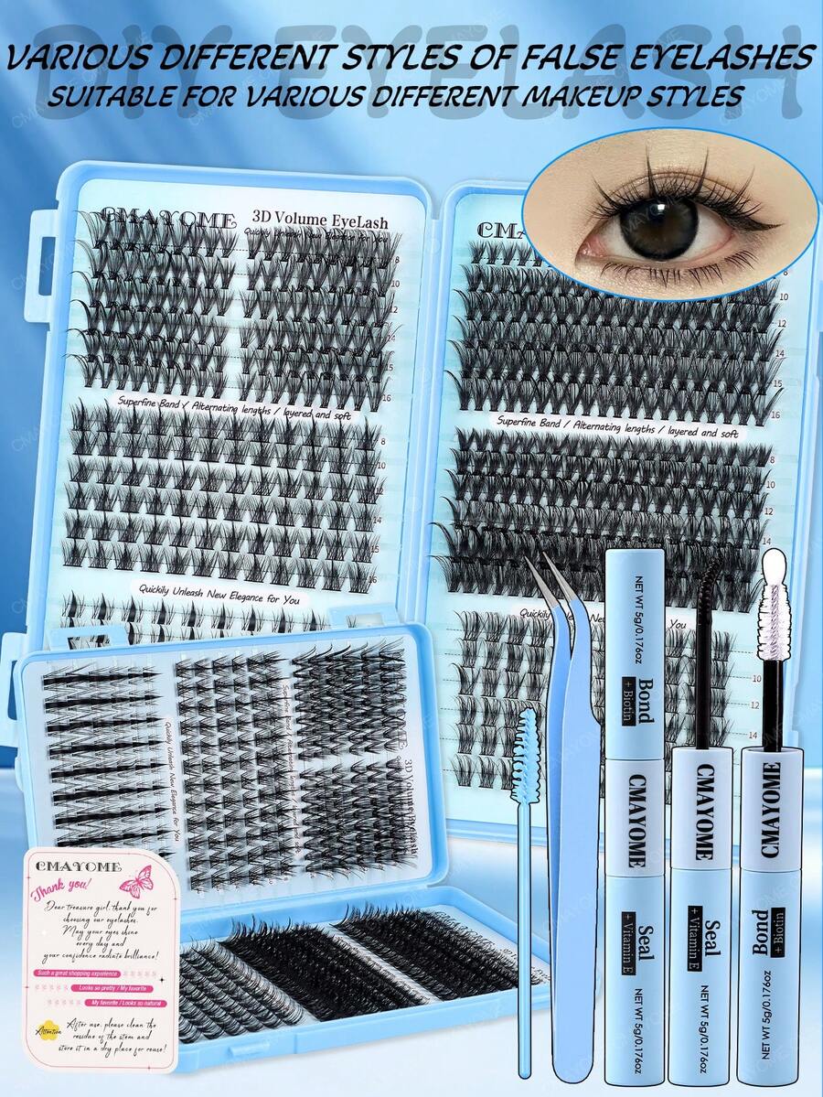 552/200入分段捲翹假睫毛組 - 大容量款式，6款式打造濃密蓬鬆自然眼妝，3D單簇假睫毛書，柔軟質地，持久耐用。適用於DIY狐狸眼/貓眼/卡通眼妝睫毛接長，音樂節派對眼妝組。組內含個人使用假睫毛膠、定型液、假睫毛鑷子及睫毛刷。適用於化妝造型與居家DIY。