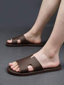 Sandal Kasual Pria Warna Polos, Bagian Atas Mikrofiber, Sandal Pantai Kasual Anti Selip Ujung Terbuka, Cocok untuk Berjalan di Dalam dan Luar Ruangan, Musim Semi dan Musim Panas - Coklat - View 4